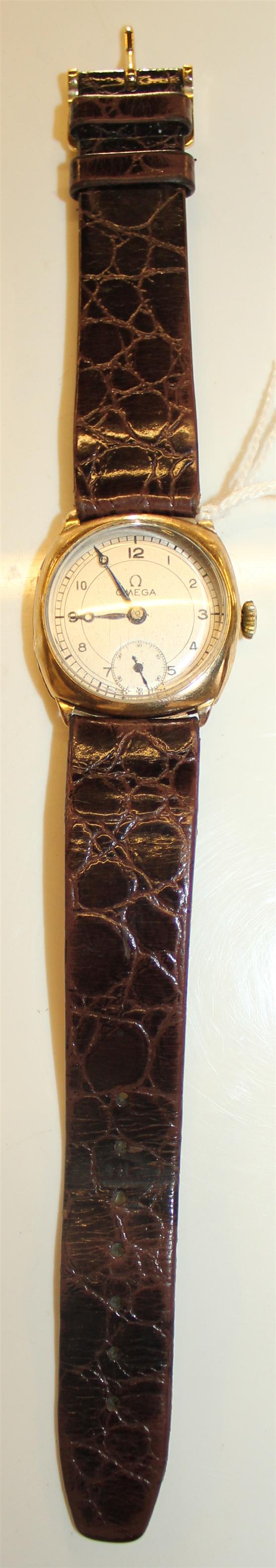 9ct gold Omega wristwatch, on leather strap (later dial)